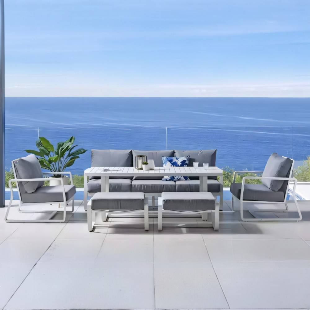 Set comedor rectangular de exterior 7P blanco/cojines gris