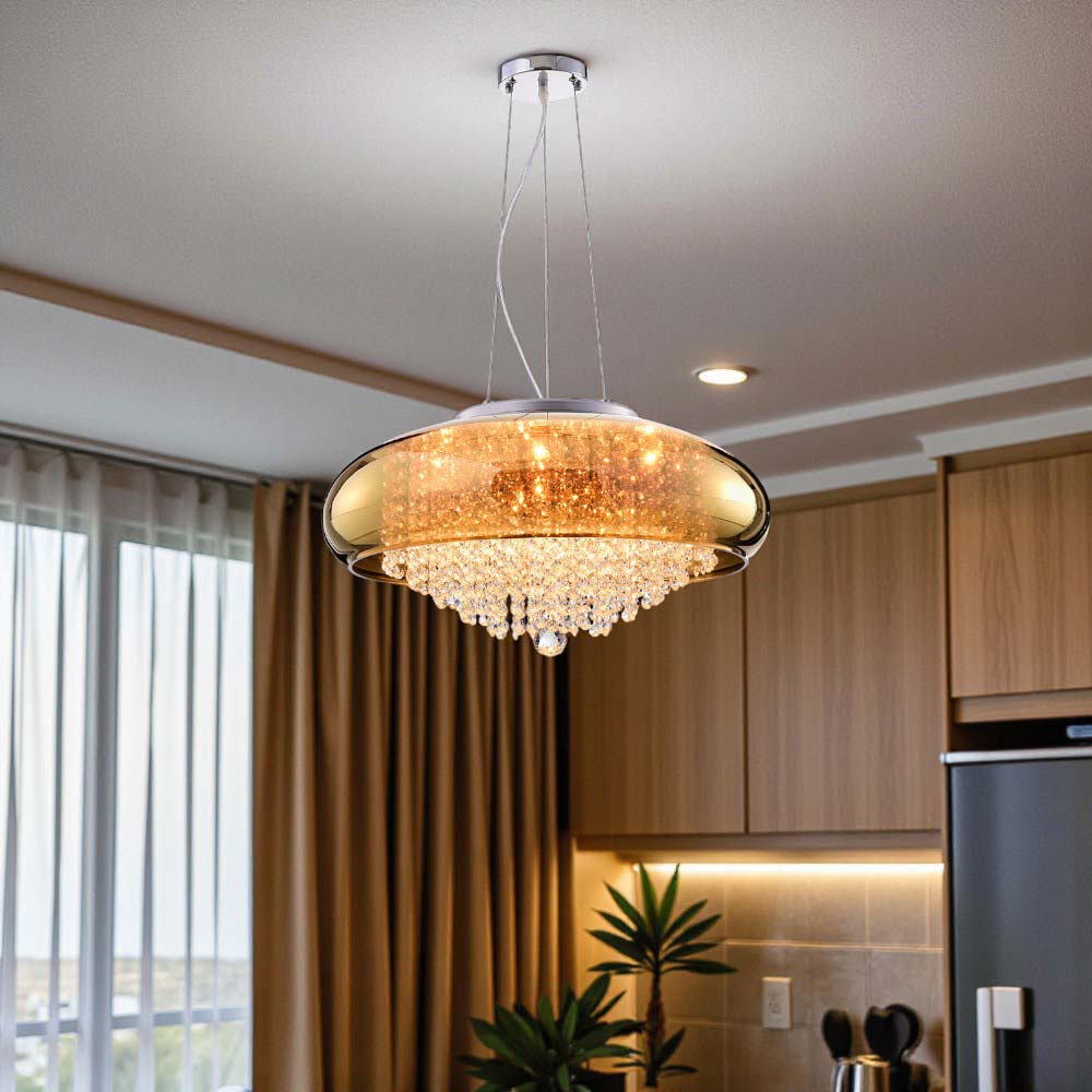 Lampara colgante 6xG9 Galicia vidrio ambar y cristales