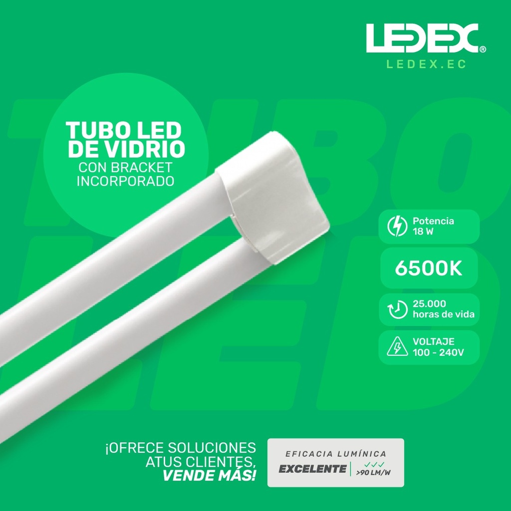 Tubo led T8 120cm vidrio opal c/bracket 36W 6500K