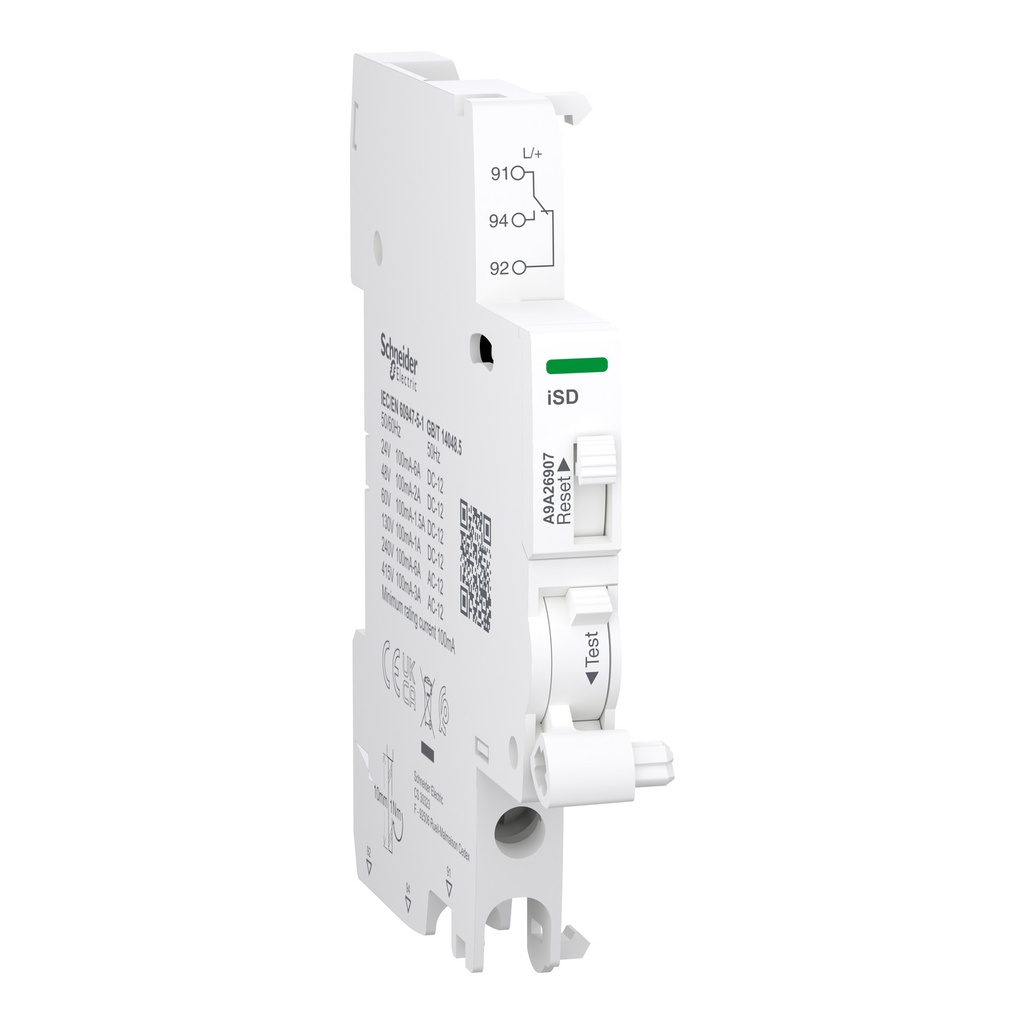 Contacto auxiliar, Acti9 A9A, iSD, 1 C/O, 100 mA a 6A, 24 VCA a 415 VCA, 24 VCC a 130 VCC, conexión inferior