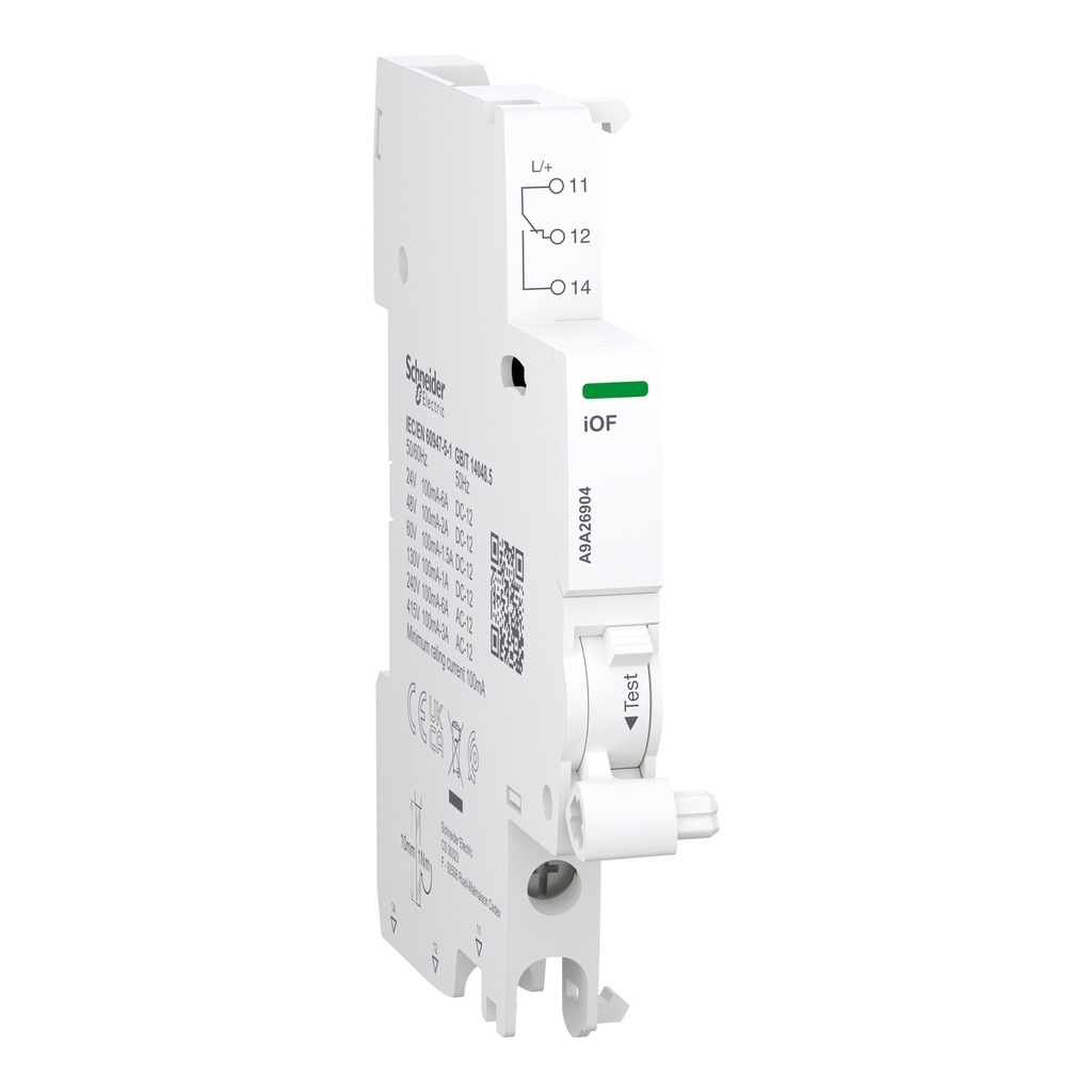 Contacto auxiliar, Acti9 A9A, iOF, 1 C/O, 100 mA a 6A, 24 VCA a 415 VCA, 24-130 VCC, conexión inferior