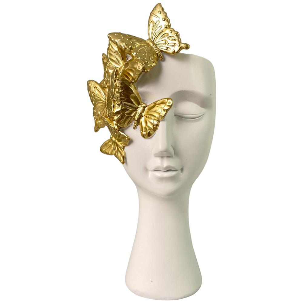 FLORERO FACE AND FLY DE POLIRESINA Y PORCELANA COLOR BLANCO Y DORADO 14X12X26CM