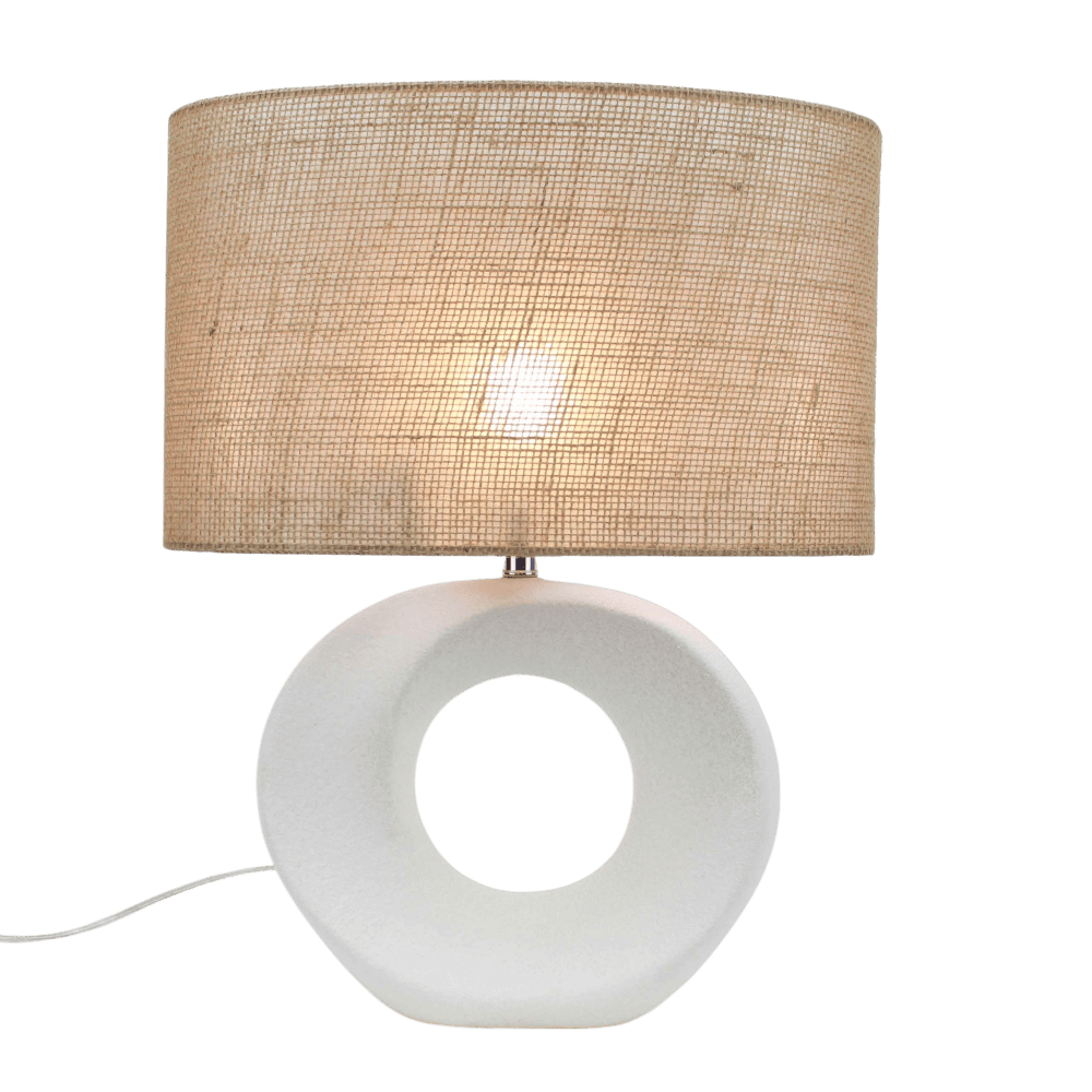 Lámpara de mesa E27 Sara base ceramica blanca pantalla yute