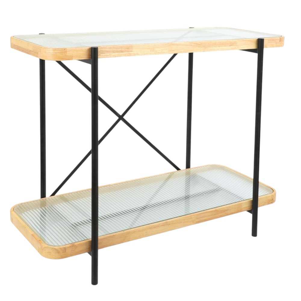 Consola Well c/doble nivel top vidrio marco de madera/metal