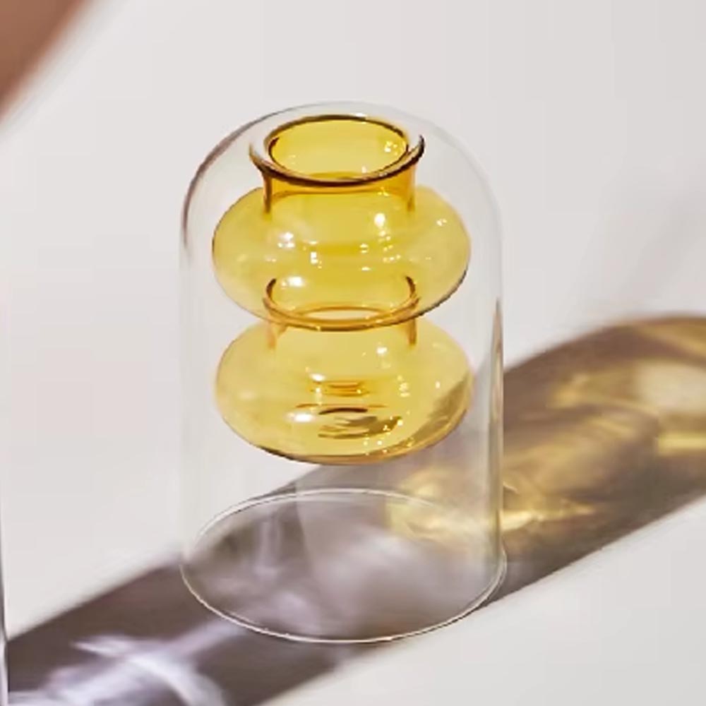 Florero moderno de vidrio transparente y amarillo 24cm