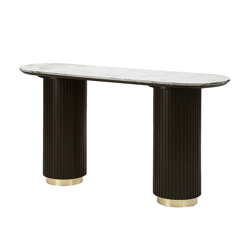 Consola Noir base estriada espresso top tipo mármol blanco