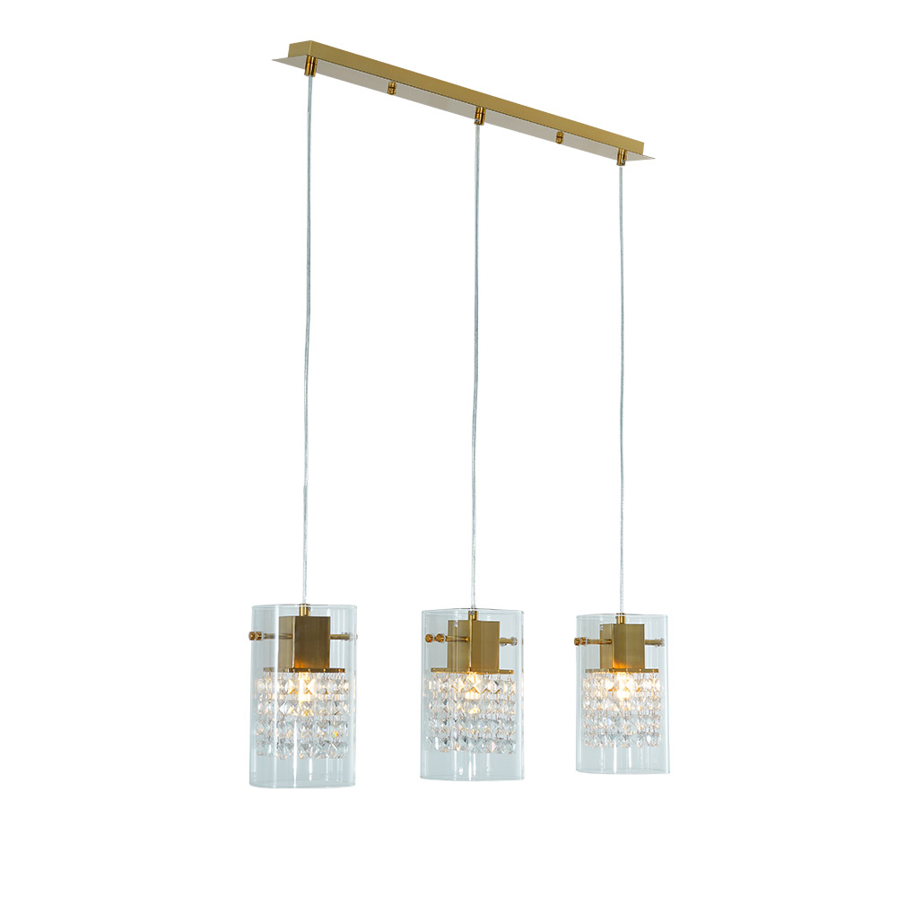 LAMPARA COLGANTE CAM DE METAL DORADO CON TULIPA DE VIDRIO 3L E14 62X12X120CM