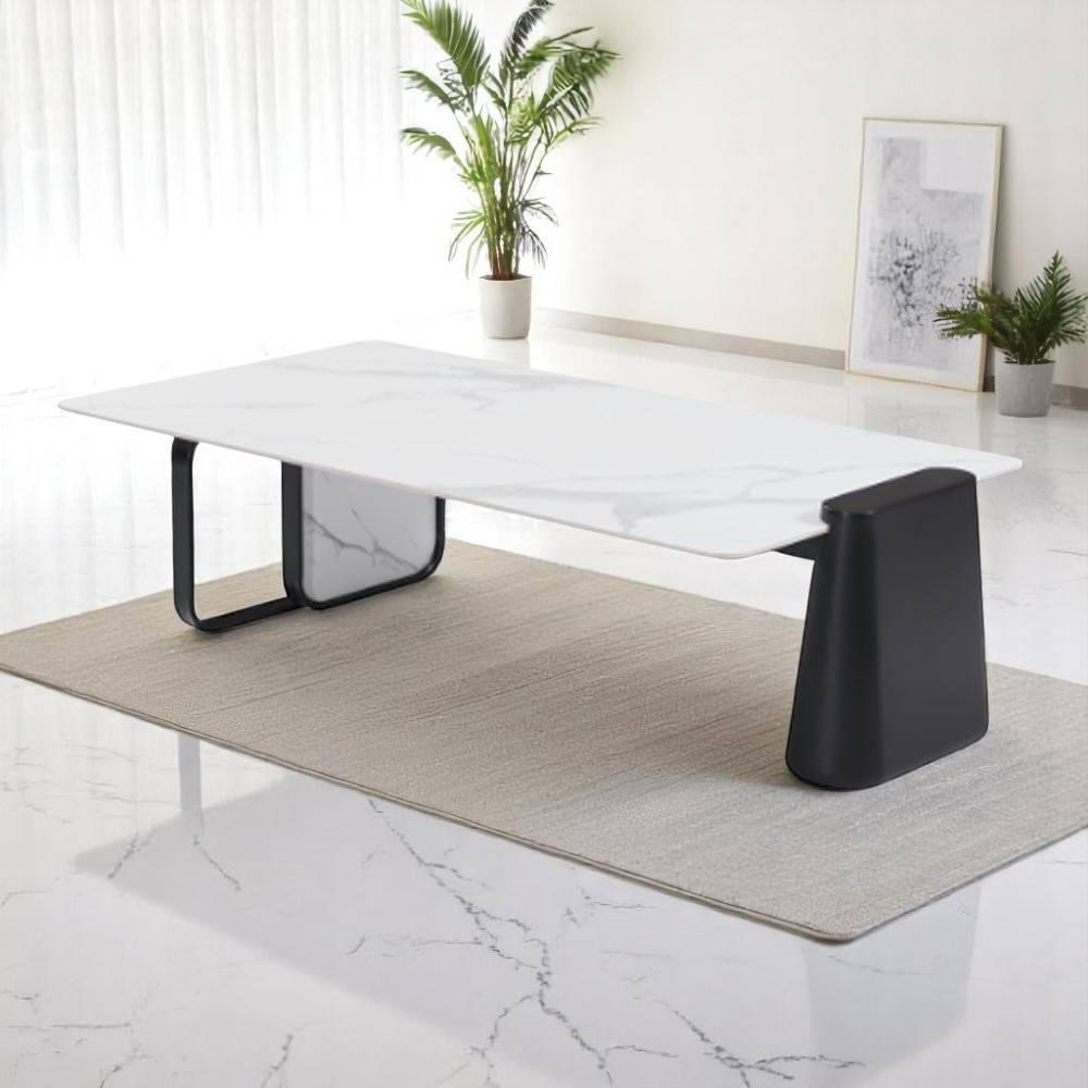 Mesa de centro Cora top blanco tipo marmol base metal negro