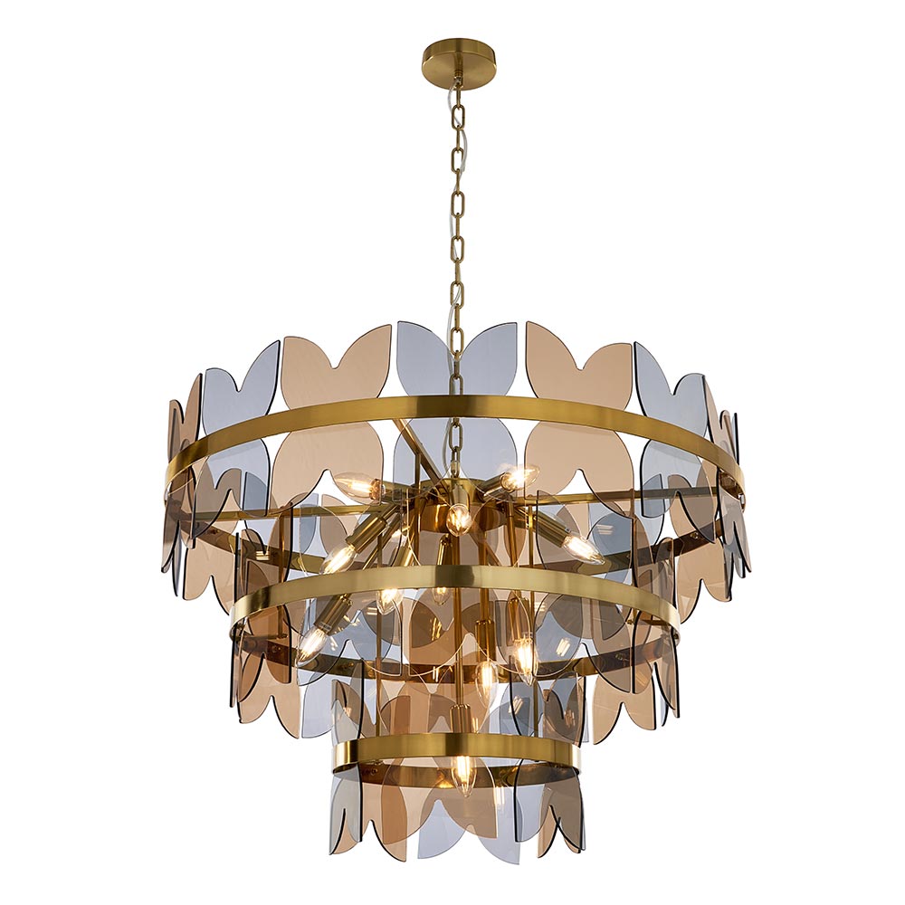 Lámpara colgante 13xE14 Luna gold vidrios smoke/ambar