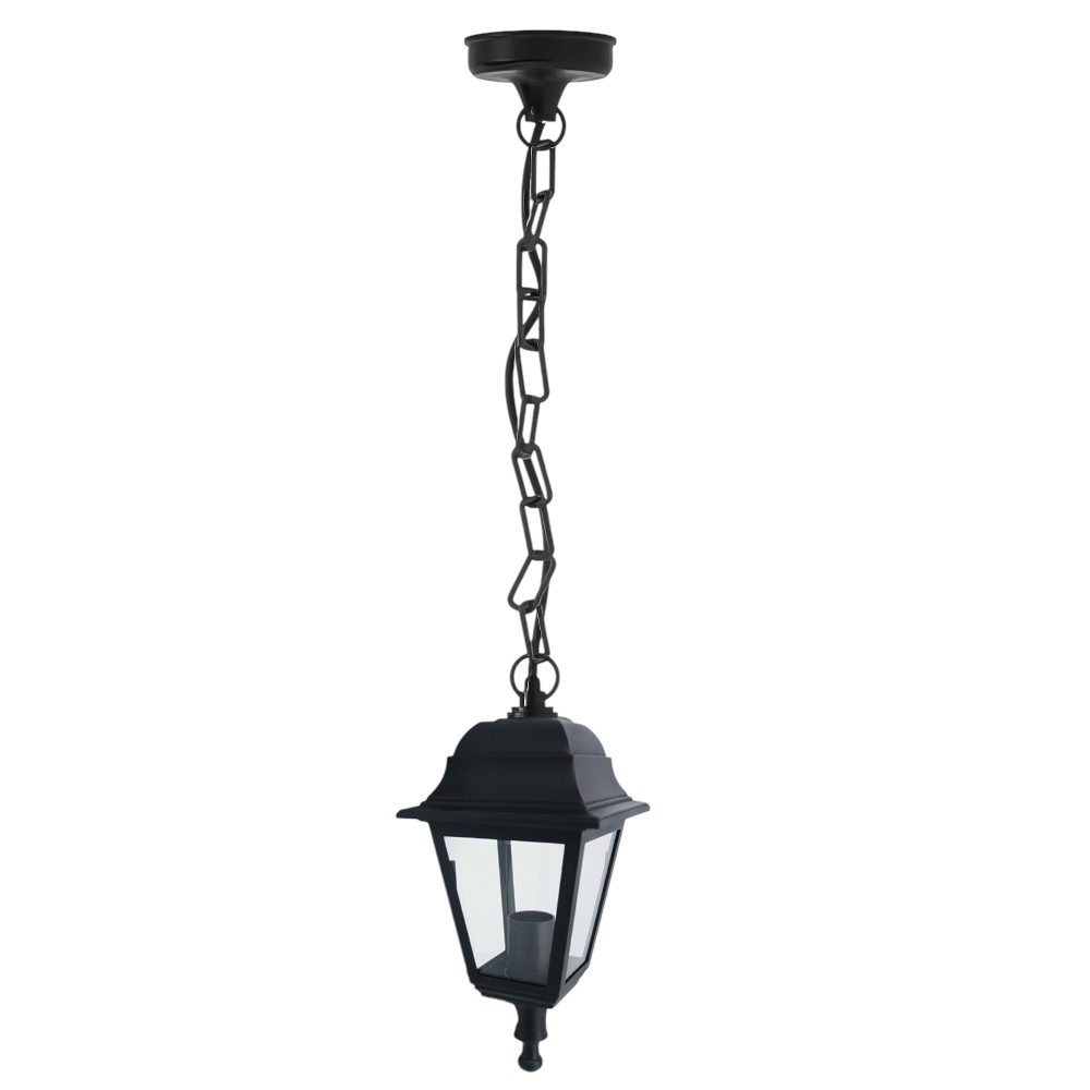 Farol colgante E27 clásico plástico negro difusor claro IP44