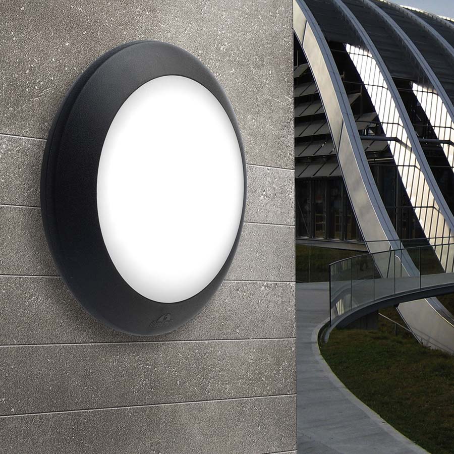 PLAFON TECHO/PARED BERTA 30CM NEGRO DIFUSOR OPAL PARA FOCO LED E27 IP66 FUMAGALLI