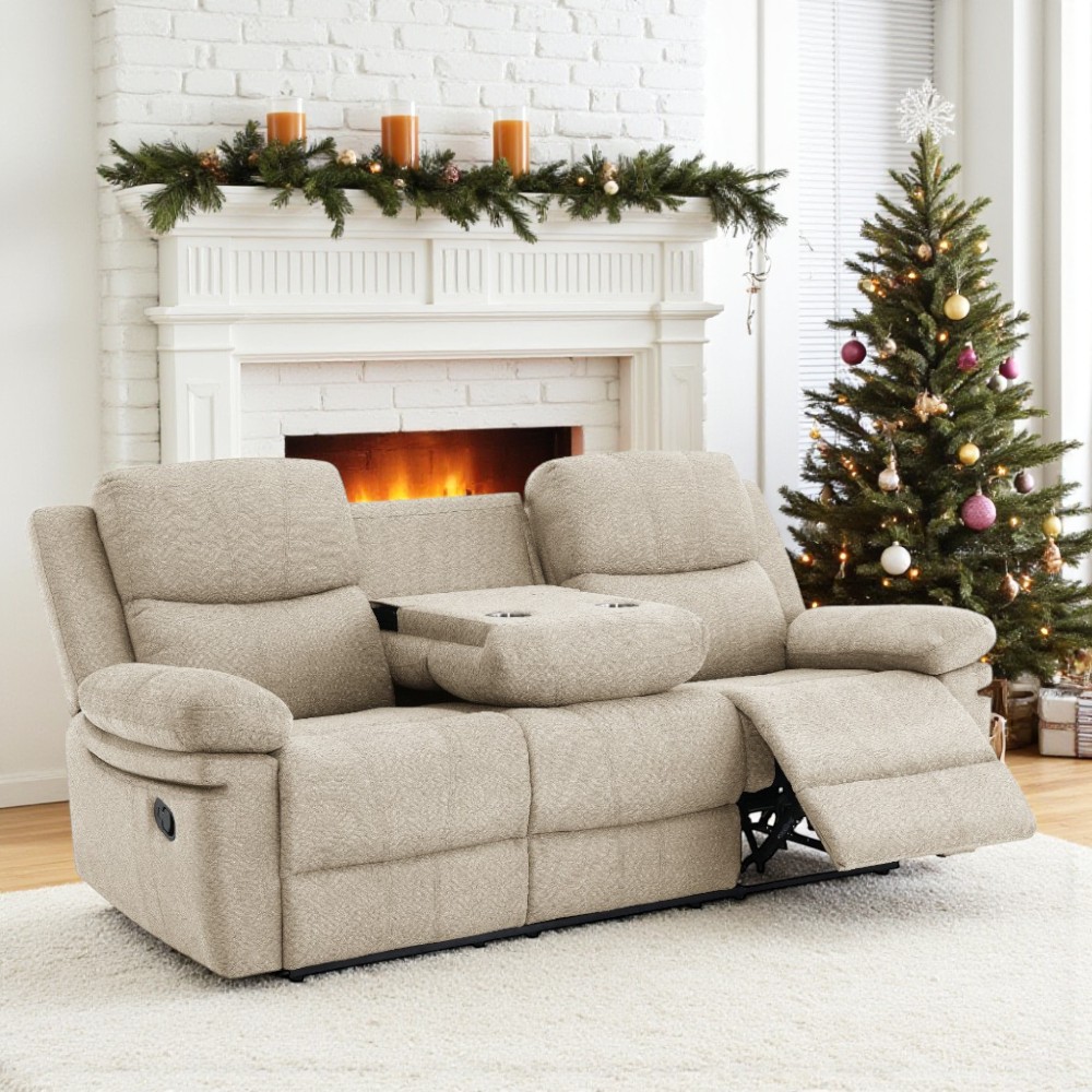 Reclinable manual triple c/portavasos Ivonny de tapiz beige