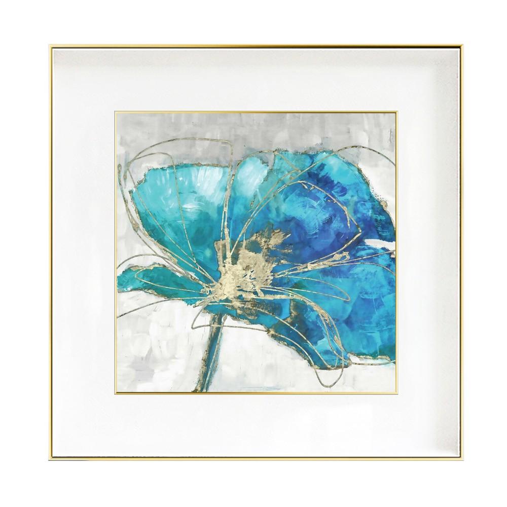 Cuadro 80x80 Flor turquesa con marco dorado