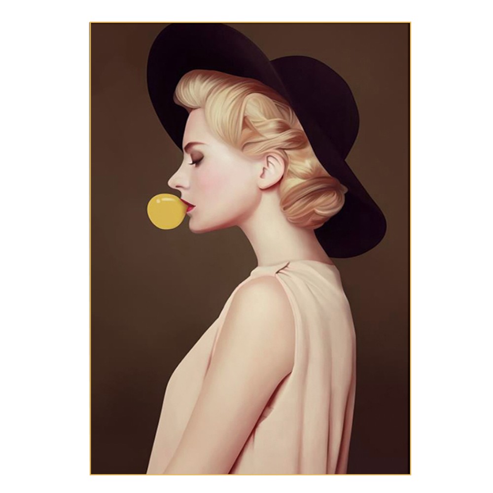Cuadro 120x180 Mujer con sombrero negro con marco dorado