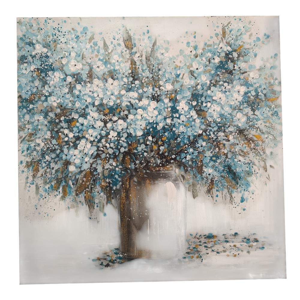 Cuadro 100x100 florero con flores celeste/blanco