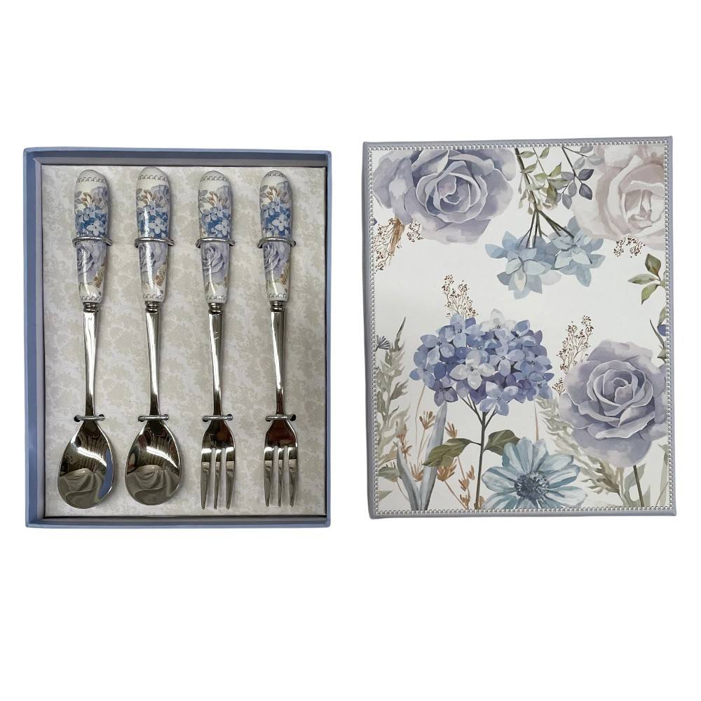 Set de cucharas y tenedor de metal 4 piezas azul/blanco