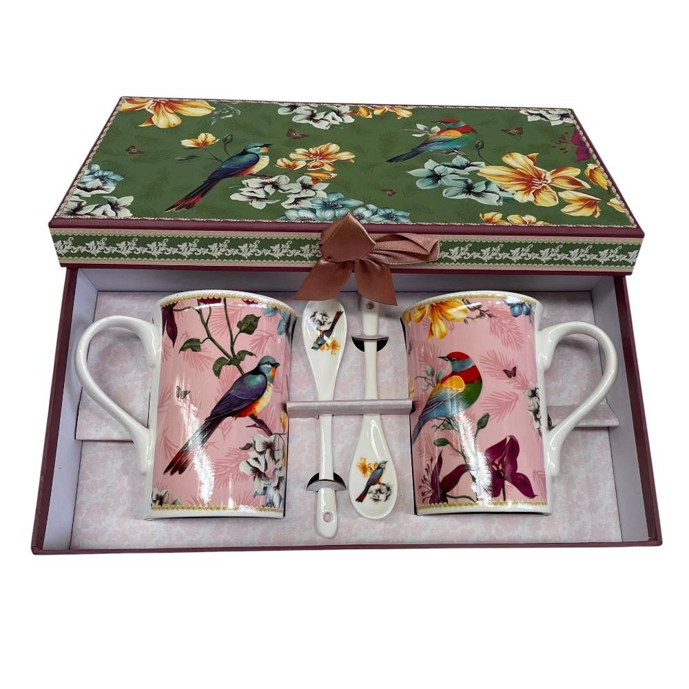 Set de 4 piezas de tazas y cucharas de cerámica pajaritos