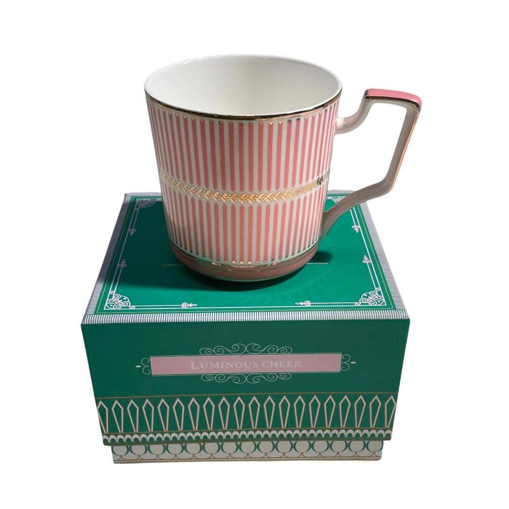 Taza de cerámica diseño lineal rosa/blanco