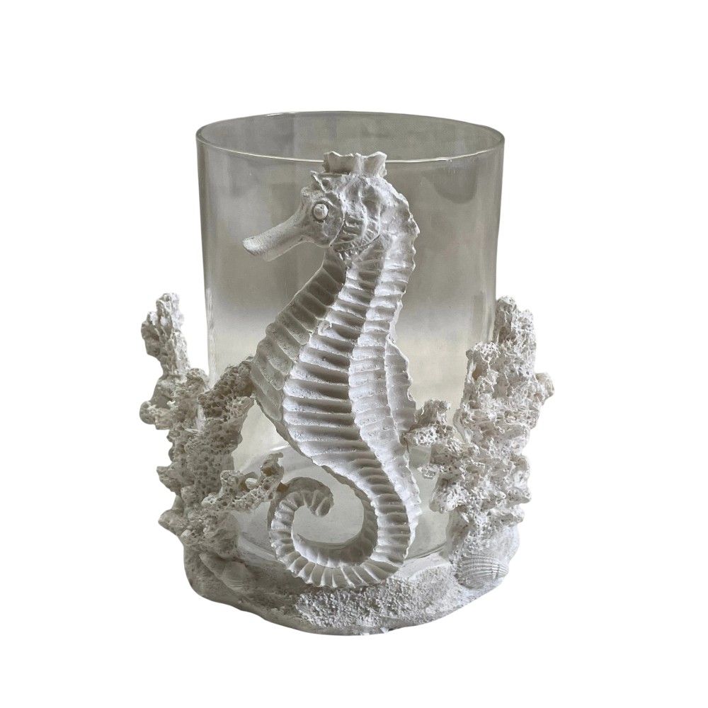 Portavela Caballo de Mar blanco/pantalla vidrio 16cm