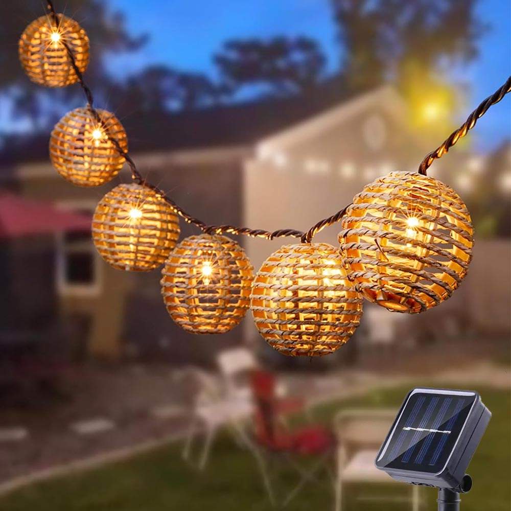 Guirnalda Solar de 10 LEDs 3000K con esferas tejido de fibra