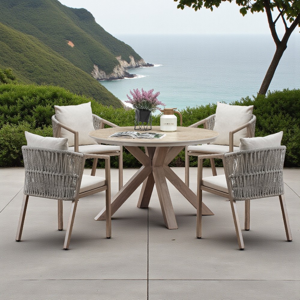 Set de comedor circular de exterior 4P Jake blanco/beige