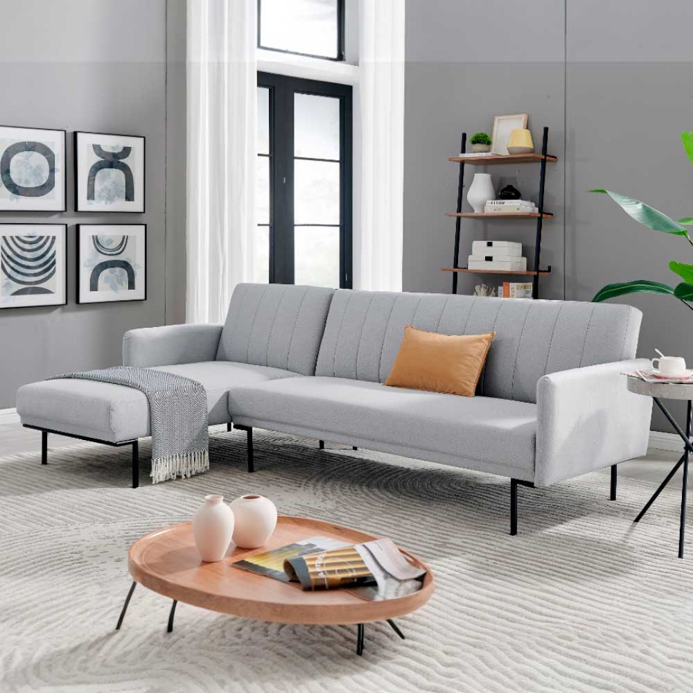 Sofá cama esquinero der/izq Giny de tapiz gris