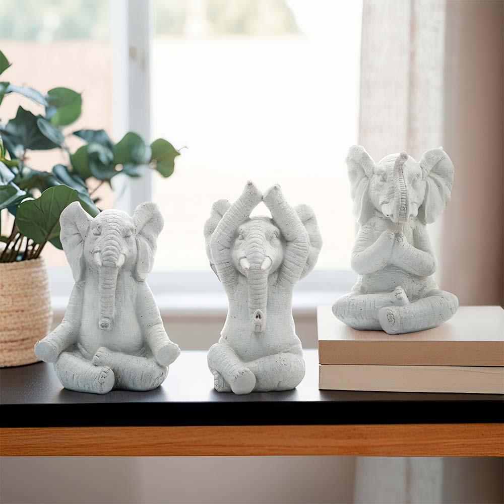 Set x3 Elefantes haciendo yoga de resina blanca 20cm