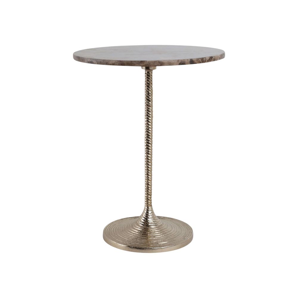 Mesa auxiliar redonda Normy base gold top mármol cafe