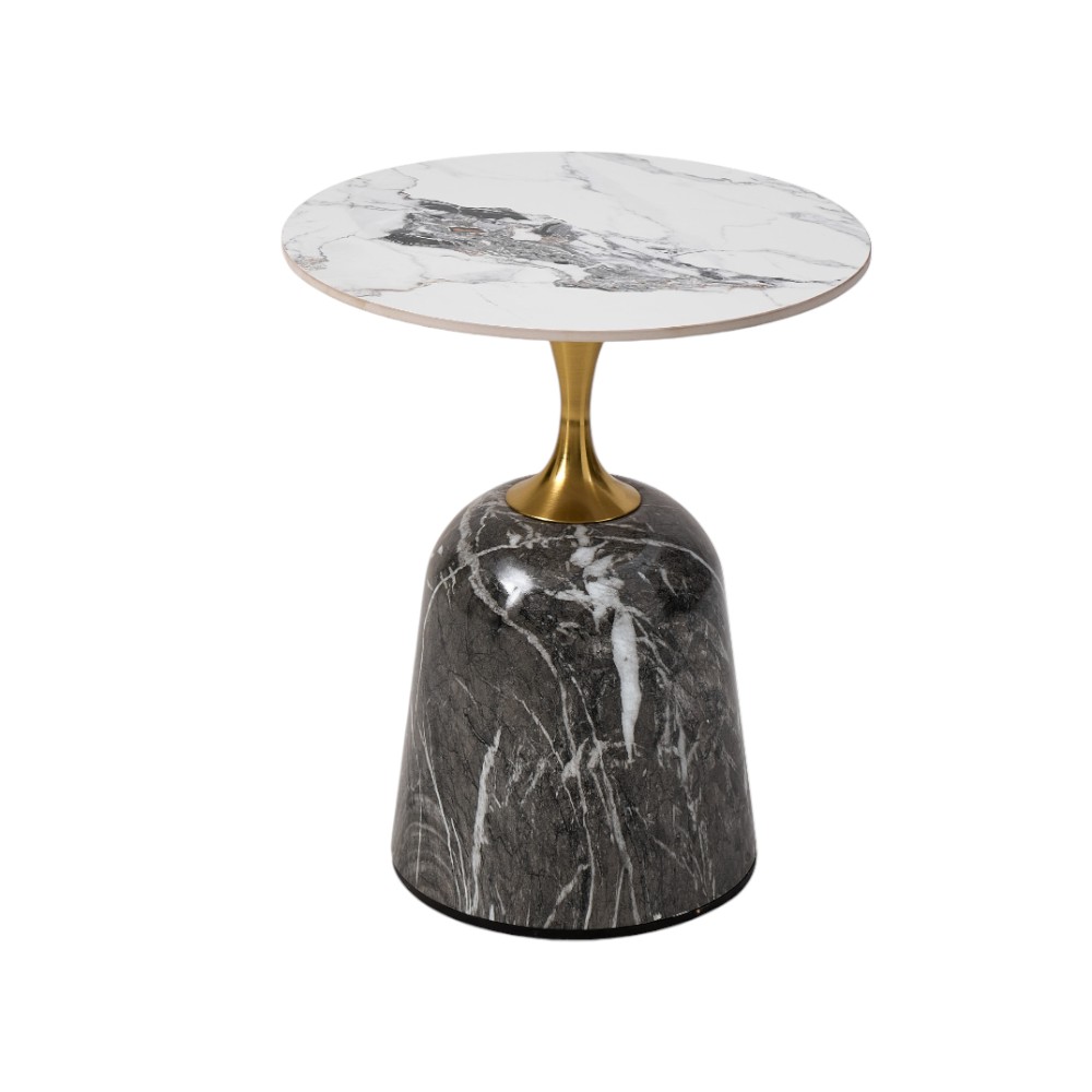 Mesa auxiliar Clarys top piedra sinterizada base gris/dorado