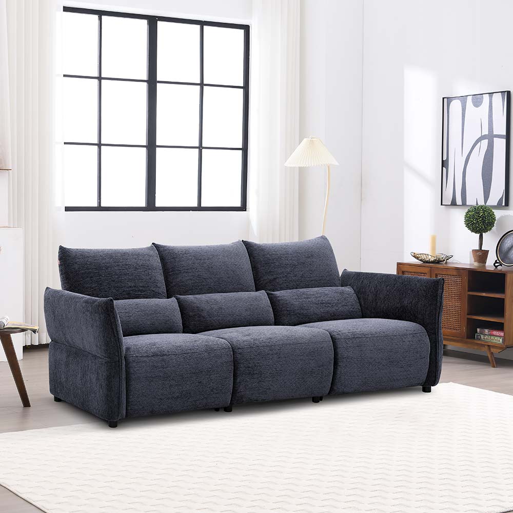 Sofá Zoe con reposapiés + apoya brazos eléctrico tapiz azul