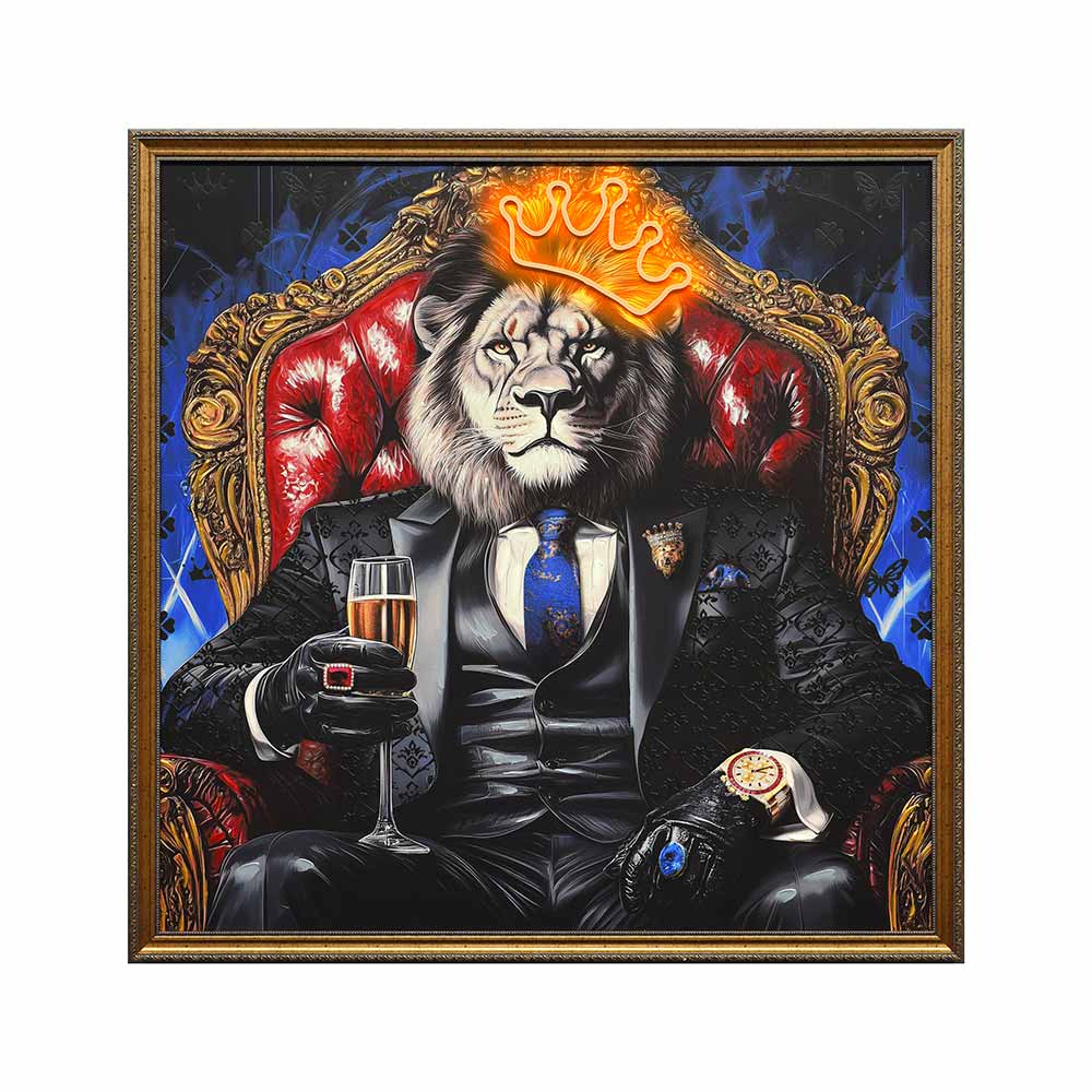CUADRO ENMARCADO LION KING CON CORONA HANDPAINT+ LUZ LED 124X124X4CM