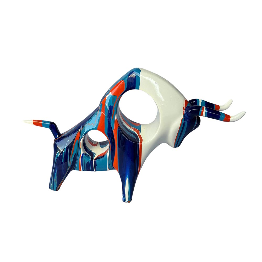 Figura Toro de resina blanco/azul/naranja 18cm