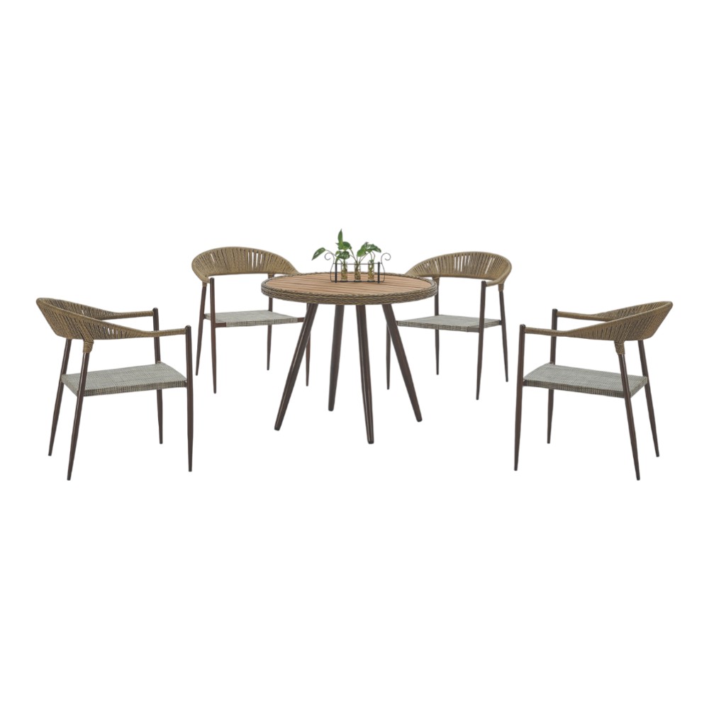 Set de comedor exterior circular 4P John de polyrattan café