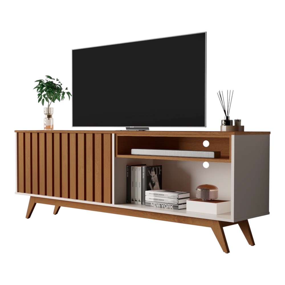 Rack para TV 60" Dax off white/freijó con repisa + 2 puertas