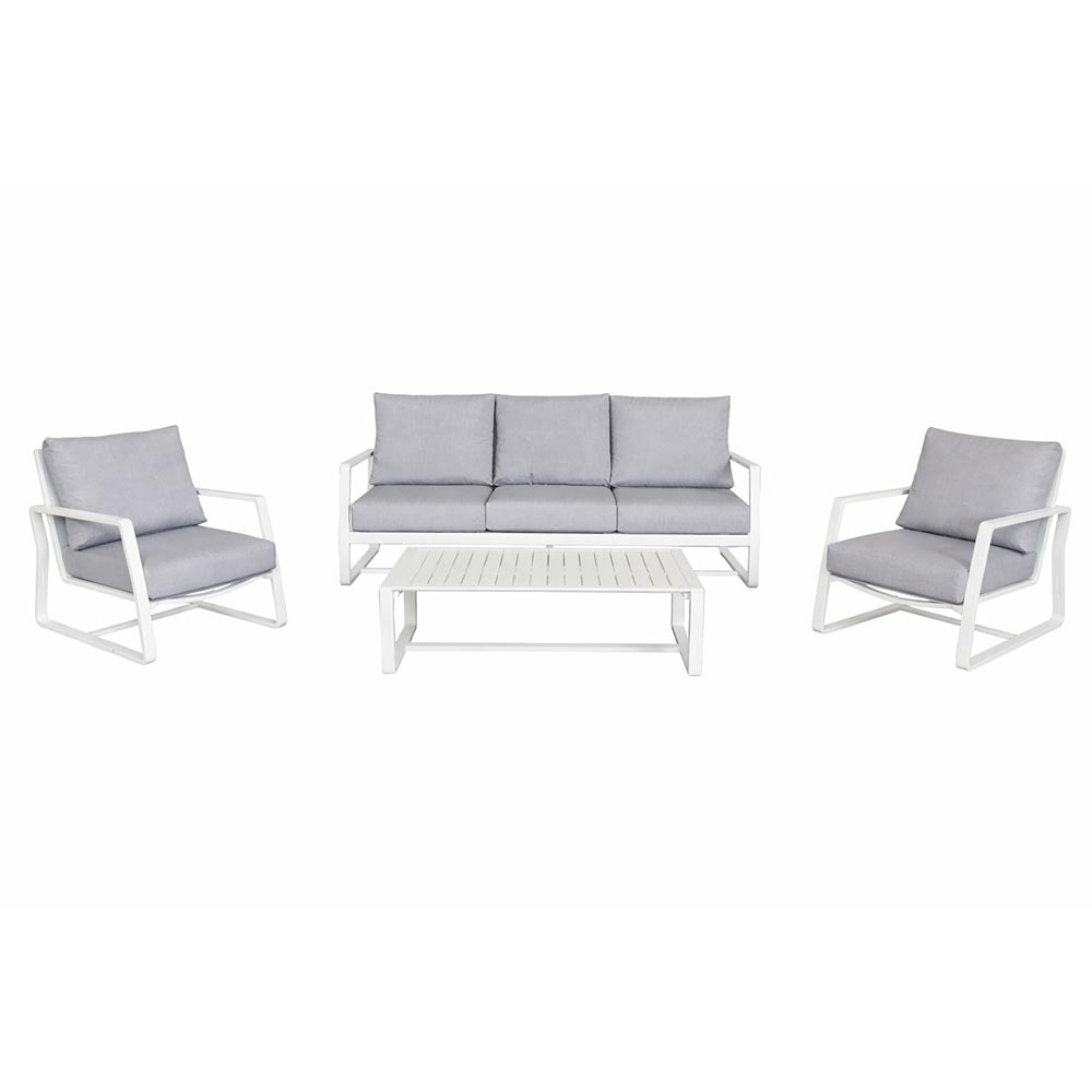 Set sala de exterior Ethan aluminio blanco y cojines gris