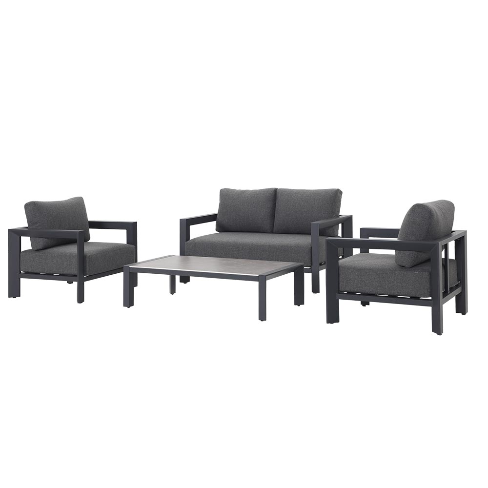 Set sala de exterior Ashly aluminio y cojines gris oscuro