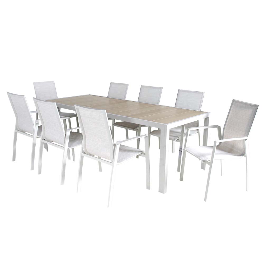 Set comedor rectangular de exterior 8P de aluminio blanco