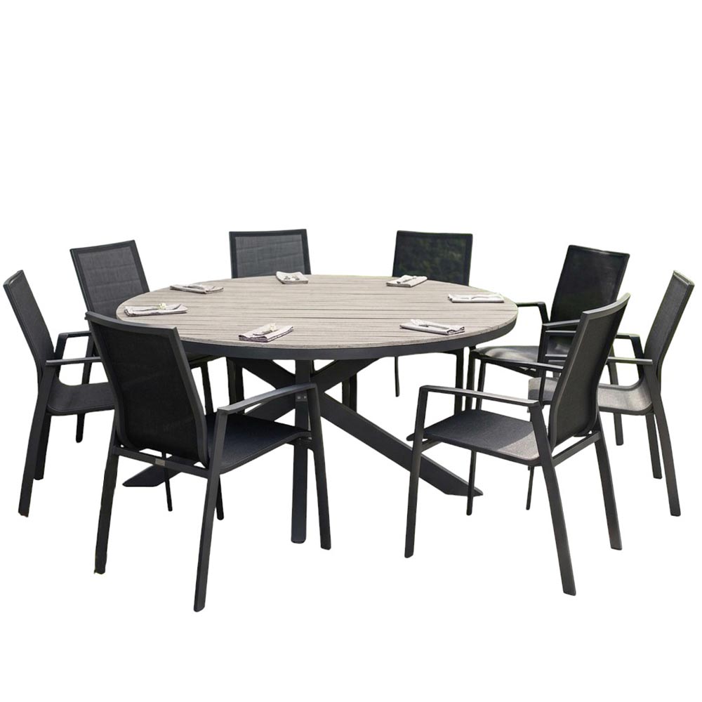 Set comedor redondo de exterior 8P de aluminio gris