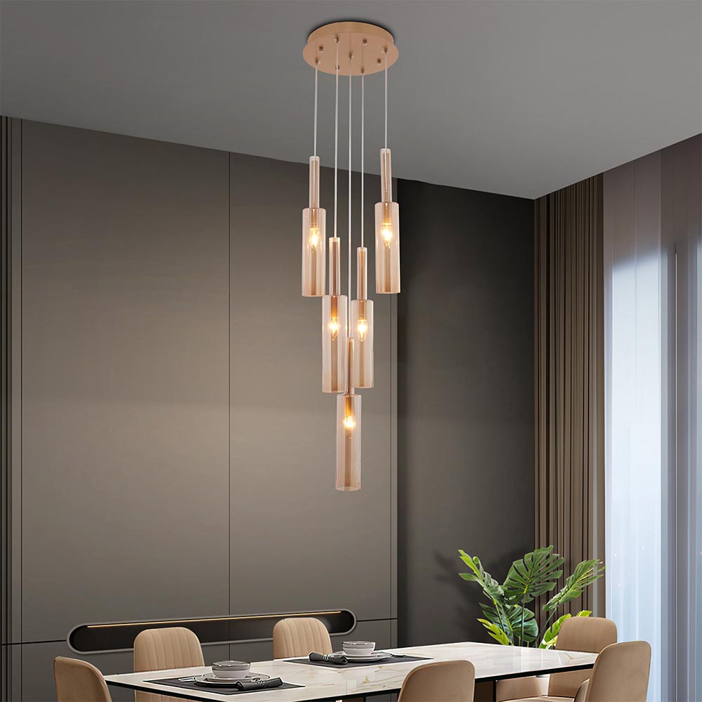 LAMPARA COLGANTE ESTRELLA DE VIDRIO AMBAR Y METAL DORADO 5L E14 30X150 CM